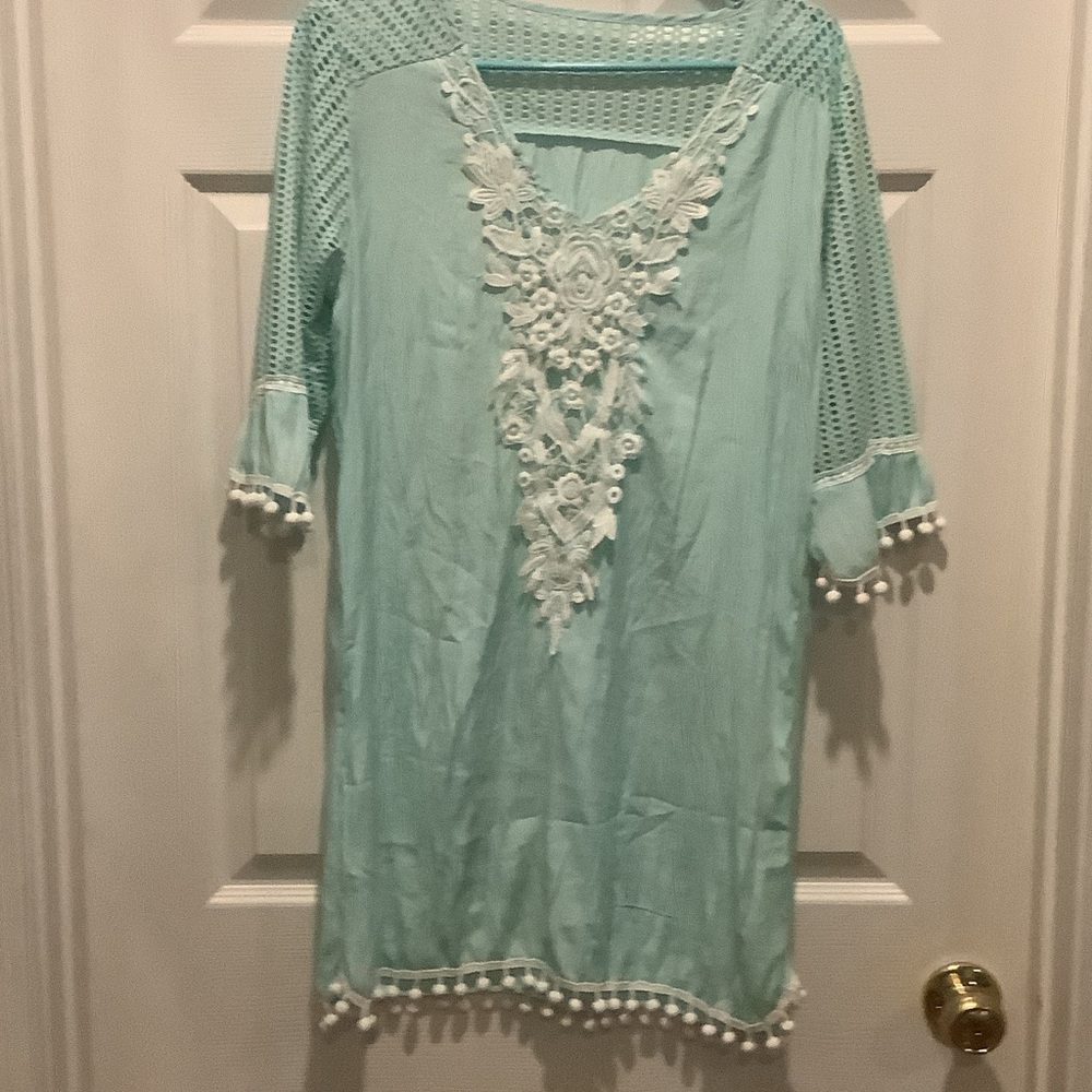 Aqua Lace Tunic with Pom Pom Trim, swim suit coverup